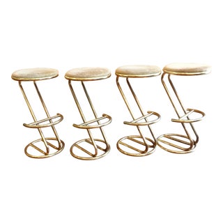 Brass Plated Cantilevered Bar Stools - Set of 4 For Sale