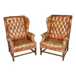 Pair Antique Georgian Leather Chesterfield Style Tufted Wingback Chairs For Sale