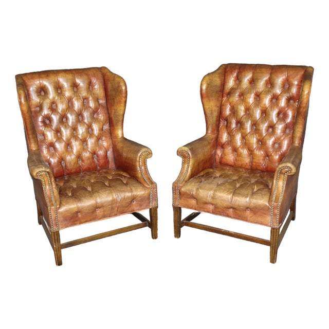 Pair Antique Georgian Leather Chesterfield Style Tufted Wingback Chairs For Sale