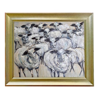 Original Flock of Sheep Painting in Brushed Gold Frame, Oil on Canvas, 16" X 20" by Tatiana Duperault For Sale