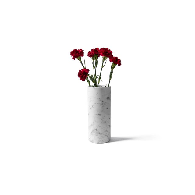 Contemporary Cylindrical Satin White Carrara Marble Vase For Sale - Image 3 of 7