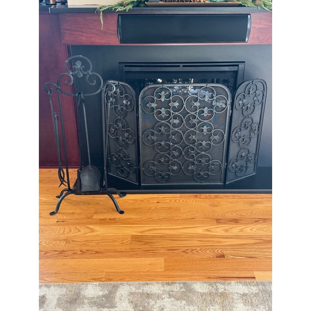 Late 20th Century Vintage Spanish Revival Iron Three Panel Folding Fireplace Screen With Matching Vintage Wrought Iron 4 Piece Fireplace Tools With Stand For Sale - Image 5 of 12
