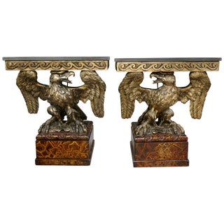 George II Style Giltwood and Grey Marble Eagle Console Tables - a Pair For Sale