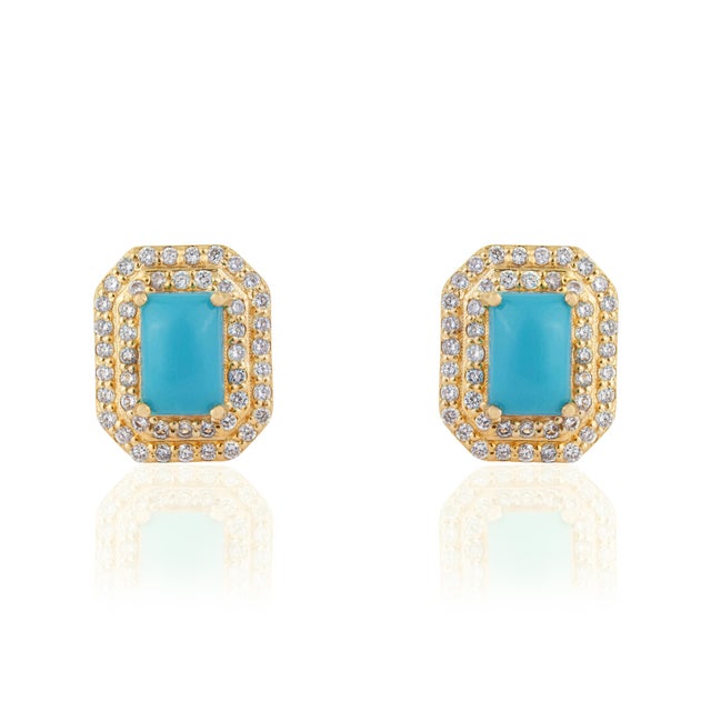 14k Yellow Gold 1.34ct Turquoise Cabochon Diamond Double Halo Stud Earrings- A Pair For Sale - Image 4 of 15