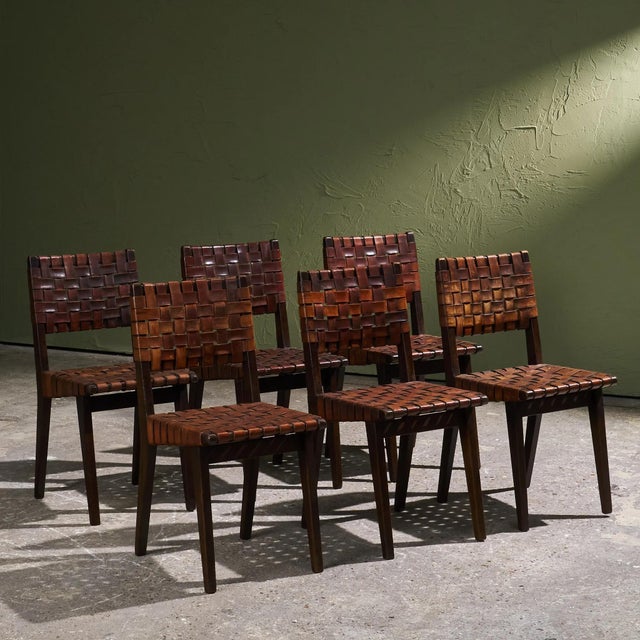 Mid-Century Modern Chairs in Cognac Leather and Stained Oak from Jens Risom, United States, 1940s, Set of 6 For Sale - Image 3 of 14