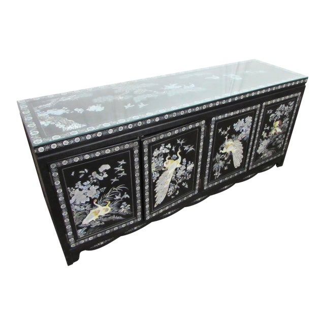 Vintage 72 In. Glass Top Asian Sideboard Cabinet For Sale