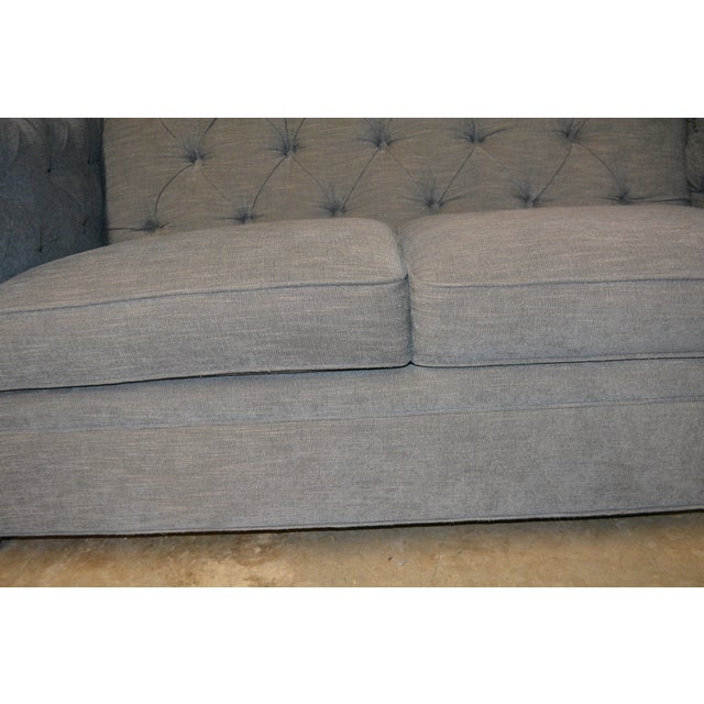 English Pottery Barn Gray Tweed Look Tufted Chesterfield Loveseat Sofa Couch Rolled Arms For Sale - Image 3 of 15