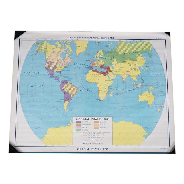 Antique Colonial Powers 1783 Historic World Wall Map a J Nystrom Pull Down 50" For Sale