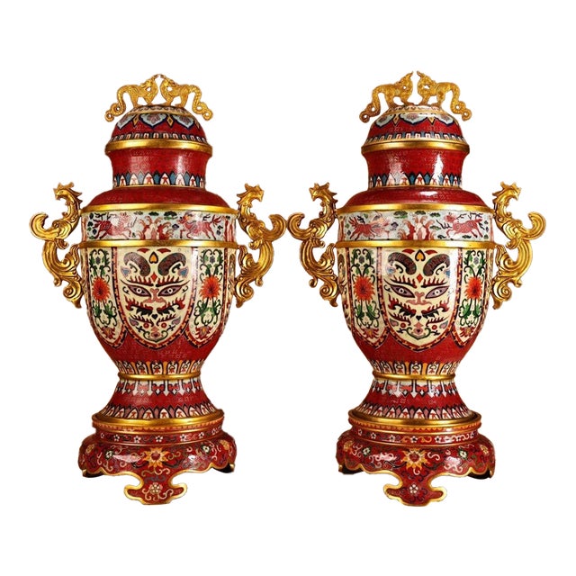 1970s Monumental Pair of Chinese Cloisonné Enamel Vases With Gilt Dragon Handles For Sale