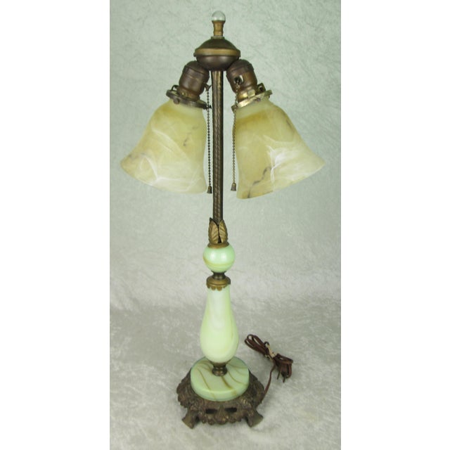 Early 20th Century Uranium Jadeite Table Lamp Alabaster Shades For Sale - Image 11 of 18