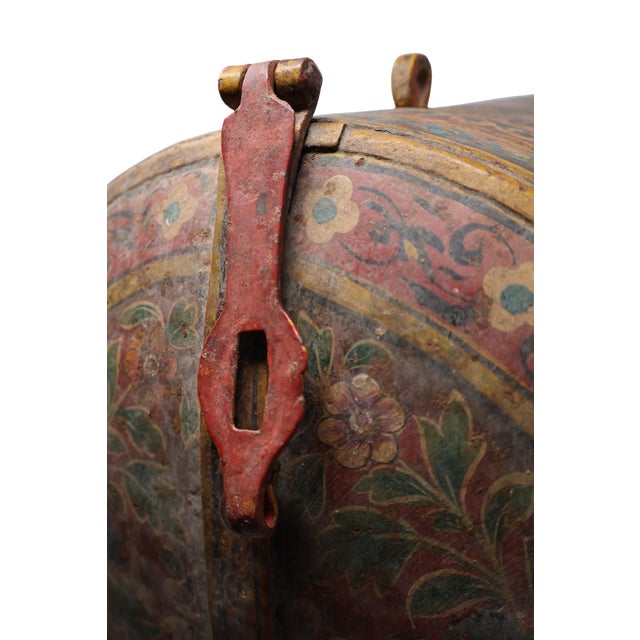 Red Antique Indonesian Handcrafted Metal Storage Vessel With Hand-Painted Floral Cartouches & Ornamental Hardware For Sale - Image 8 of 18