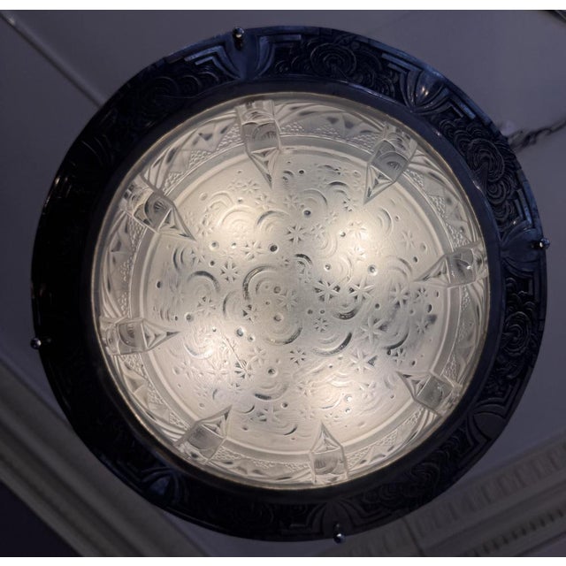 Art Deco A La Nuit Étoilée Ceiling Light in Pressed Molded Glass and Nickel-Plated Bronze by Müller Frères Lunéville, 1930 For Sale - Image 6 of 18