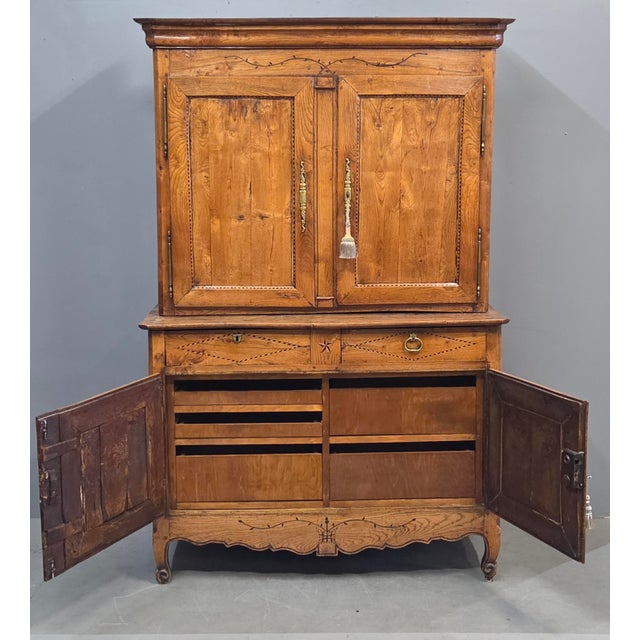 Antique French Elm Deux Corps Buffet Cabinet With Inlay and Fitted Interior For Sale - Image 4 of 18