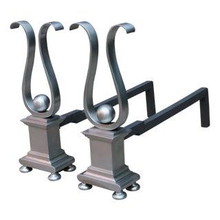 Pair of Architectural Andirons, Patinated Metal For Sale