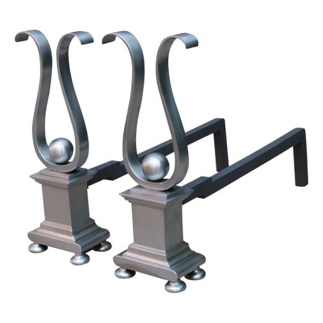 Pair of Architectural Andirons, Patinated Metal For Sale