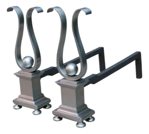 Pair of Architectural Andirons, Patinated Metal