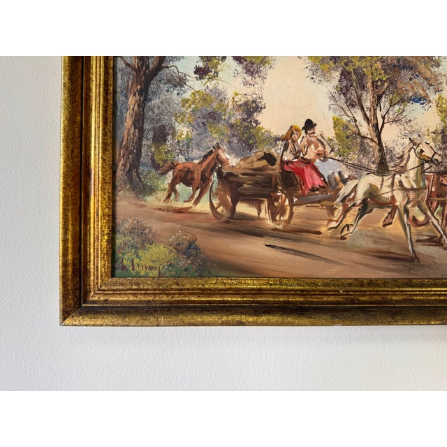 Brown 1970s Vintage Country Impressionist Horse & Carriage Oil on Canvas Painting – Frame For Sale - Image 8 of 11