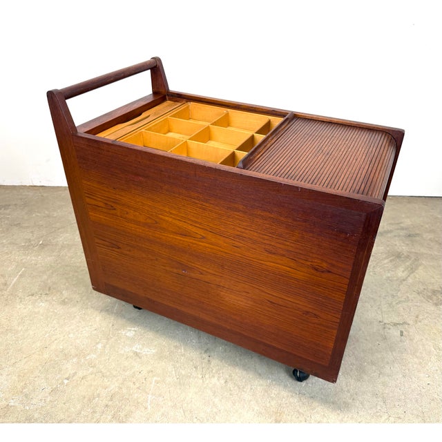 1960s Mid Century Danish Modern Teak Tambour Door Craft / Sewing / Art / Bar Cart For Sale - Image 5 of 12