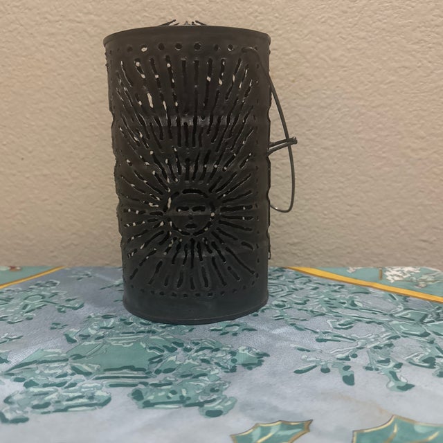 Brutalist Mid-Century Brutalist Punched Metal Sunburst Lantern For Sale - Image 3 of 8