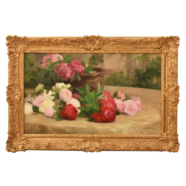 Achille Théodore Cesbron, Basket of Roses, 1890s, Oil on Canvas For Sale - Image 11 of 11