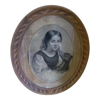 Late 19th Century Italian Portrait Drawing Girl and Her Italian Greyhound, Framed For Sale