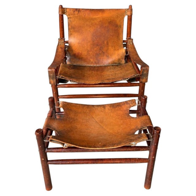Set of Leather Safari Lounge Chair and Ottoman in the style of Arne Norell, 1970s For Sale - Image 6 of 6