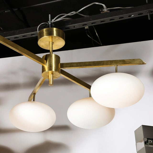 Modernist Asymmetrical Brushed Brass & Frosted Glass Four-Arm Globe Chandelier For Sale - Image 9 of 12