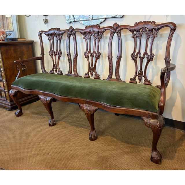 Chippendale Antique Chippendale Carved Mahogany Bench Settee With Upholstered Seat in British Racing Green Velvet For Sale - Image 3 of 8