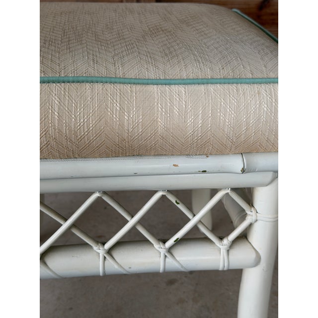 Wood Vintage Coastal Rattan Ottomans or Footstools With Lattice Detail – Pair For Sale - Image 7 of 12