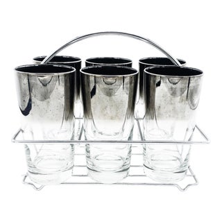 Mid-Century Modern Dorothy Thorpe Ombré Silver Mercury Tumbler Glassware Set With Caddy - 7 Pieces For Sale