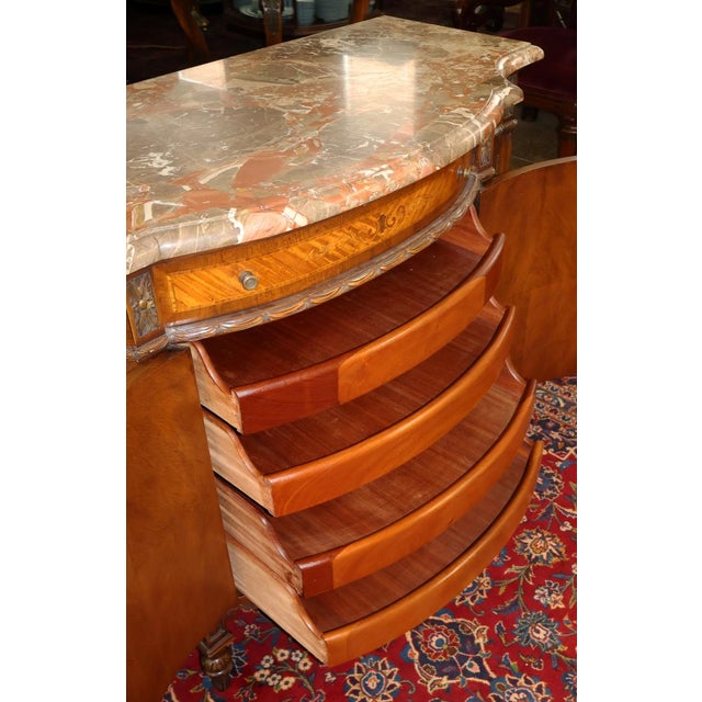 1920's French Louis XVI Style Marble Top Satinwood Inlaid Chest Dresser Commode For Sale - Image 12 of 15