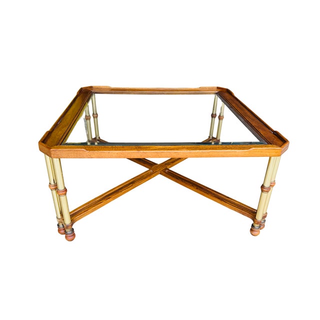 Vintage Faux Bamboo Brass & Glass Coffee Table | Hollywood Regency Chinoiserie Cocktail Table | Campaign Style Designer...