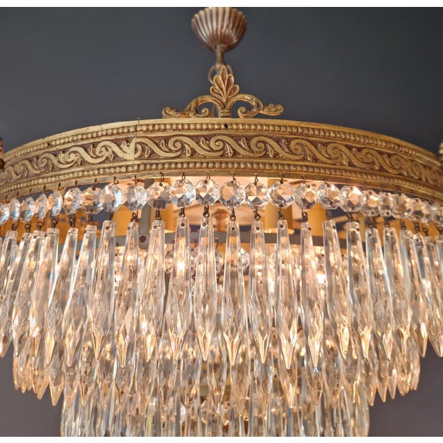 Metal Antique Art Deco Neoclassical Brass and Crystal Chandelier Plafonnier Ceiling For Sale - Image 7 of 9