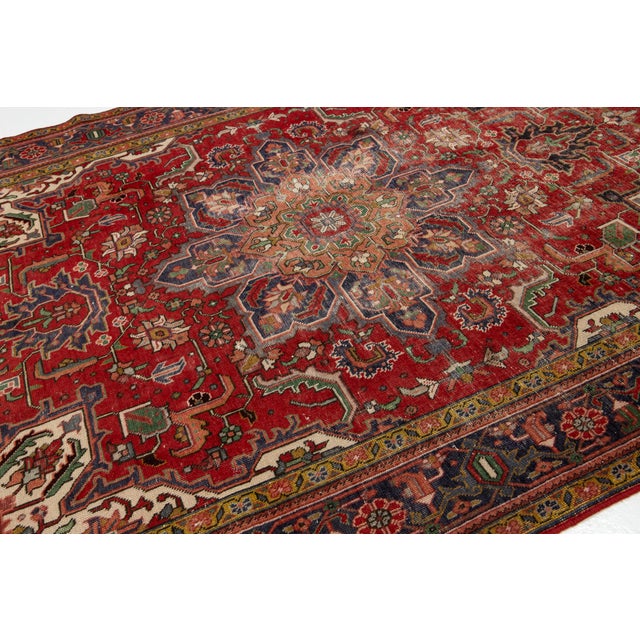 Textile 1950s Handmade Persian Heriz Wool Rug With Medallion Design For Sale - Image 7 of 8