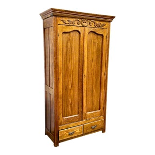 **Antique Oak Wardrobe Armoire**Massive Storage Space**Carved Wood Ornate Hardware** For Sale