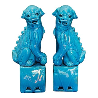 Pair of Vintage Peacock Blue Glazed Guardian Lions – 12.6" Foo Dogs on Pedestals For Sale