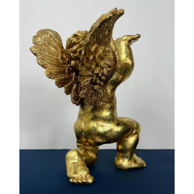 Set of 3 Vintage Hollywood Regency Gilded Cherub Putti Sculptures - Cast Composite Angels For Sale - Image 4 of 9