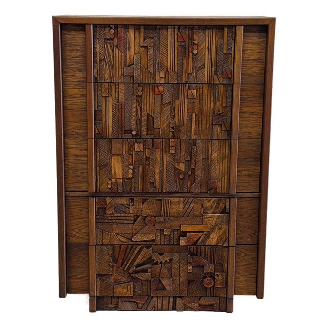 Lane Pueblo Brutalist Wooden Highboy – Oak Dresser Paul Evans Style Mosaic Front 1970s For Sale
