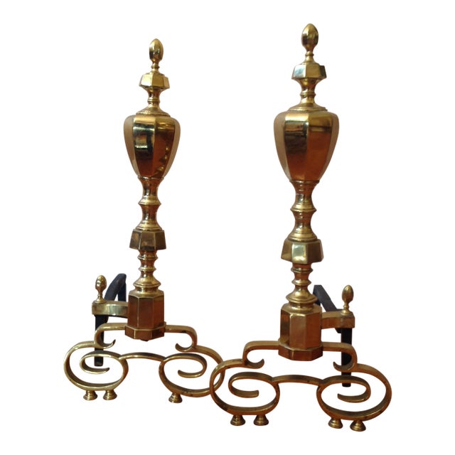 20th Century Traditional Brass Fireplace Andirons - a Pair For Sale