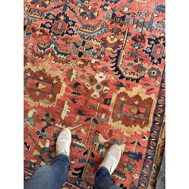 1900 - 1909 Antique Heriz Village Carpet Rare Camel Border with Coral Ground in Naive Harshang Design with Sickle Leaf Motif Rug 9.4 x 11.4 For Sale - Image 5 of 16