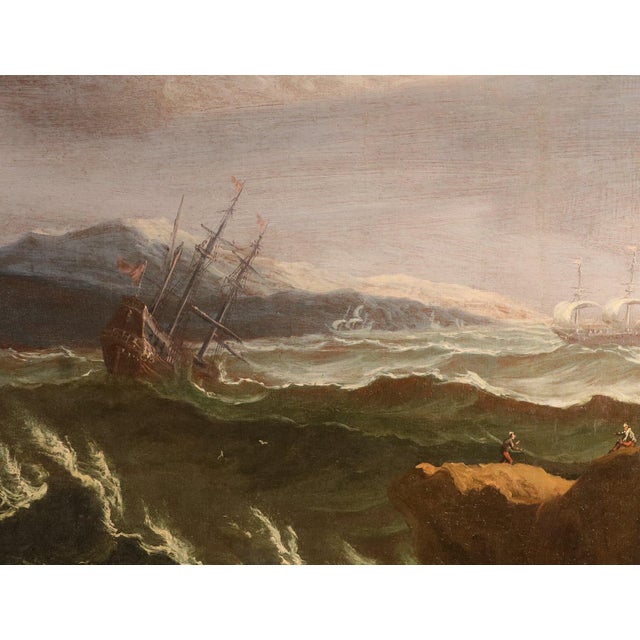 Workshop of Matthieu Van Plattenberg, Stormy Navy with Vessels, 1700, Oil on Canvas For Sale - Image 4 of 15