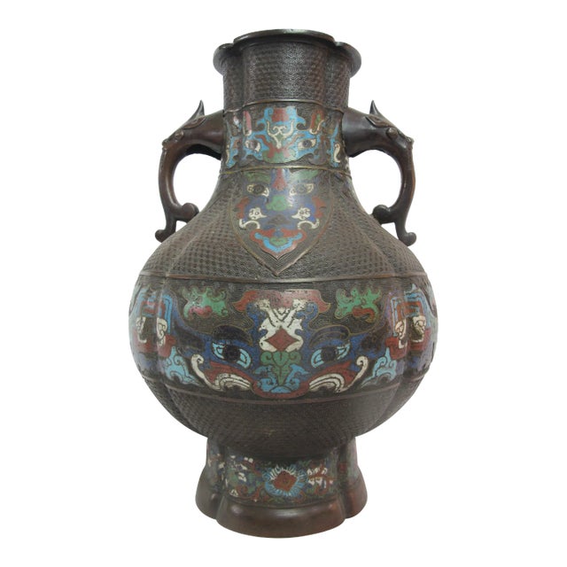 Large Bronze Chinese Antique Champleve Double Elephant Handle Urn Vase For Sale