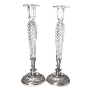 Pair of Pair Pont Cut Glass and Silver Plate Tall Candlesticks For Sale