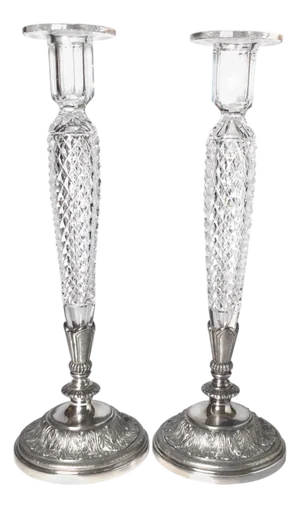 Pair of Pair Pont Cut Glass and Silver Plate Tall Candlesticks