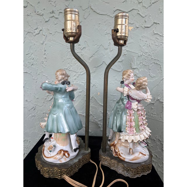 Vintage Rococo Revival Dancing Couple Porcelain Table Lamps – Set of 2, Betson China, C. 1960s For Sale - Image 4 of 10