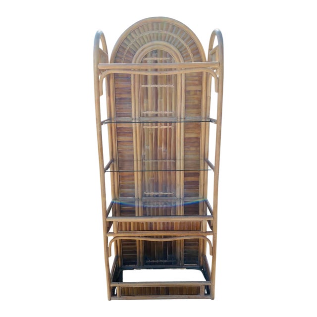 Vintage Bent Bamboo Arched Top Etagere Shelf With 4 Glass Shelves For Sale