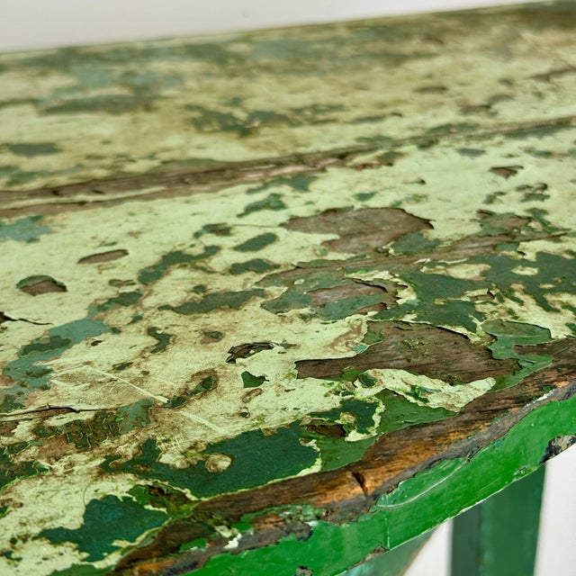 Early 20th Century Demilune Shaped Hand Constructed Wooden Accent Table in Naturally Distressed Avocado Green For Sale - Image 10 of 13