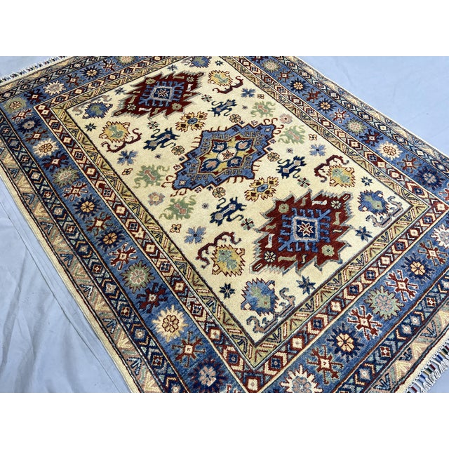 Ivory and Blue Kazak Wool Area Rug With Tribal Medallions, 4'10" X 6'7" For Sale - Image 6 of 15