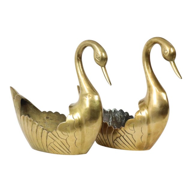 Nice pair of large brass flower pots or jardinières in the shape of a graceful swan, vintage objects from circa the 1970s,...
