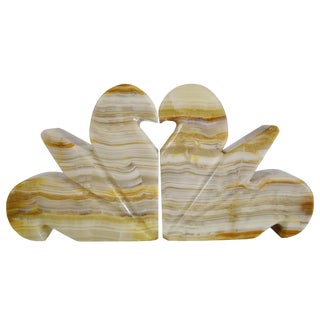 Hand Carved Polished Solid Onyx Stone Fleur De Lis Bookends - A Pair For Sale